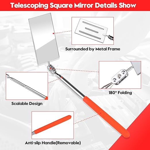 2Pcs Telescoping Inspection Mirror, Flexible Retractable Automotive Extension Mirror Pickup Tools Round Square Mirror Inspection Tool for Checking Vehicle Mechanic Mirror Automotive Mirror(Orange)