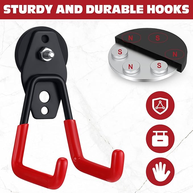 Landhoow Large Magnetic Hooks Heavy Duty Garage Magnet Hooks Strong Storage Utility Magnetic Hangers with Anti Slip Rubber Coating for Indoor and Outdoor Hanging(Red,10 Pcs)
