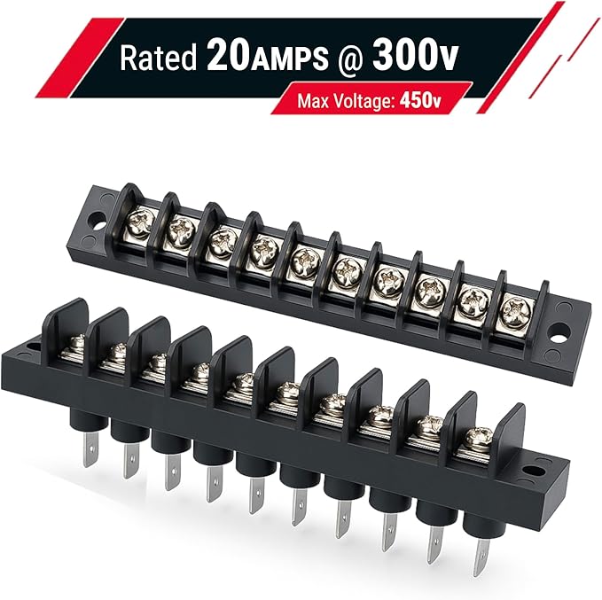 MGI SpeedWare Single Row Screw Terminal Junction Block 300V/20A, Through-Panel Barrier Strip 2-Pack (10 Screw)