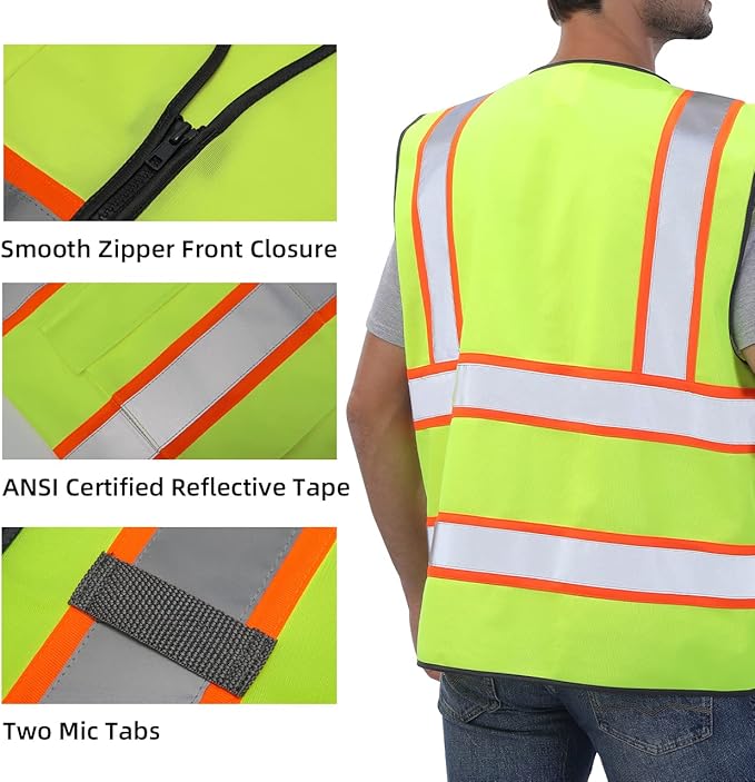 Dib Safety Reflective Vest High Visibility Two Tone with Pockets and Zipper, ANSI Class 2 Compliant, Yellow with Orange Trim XL