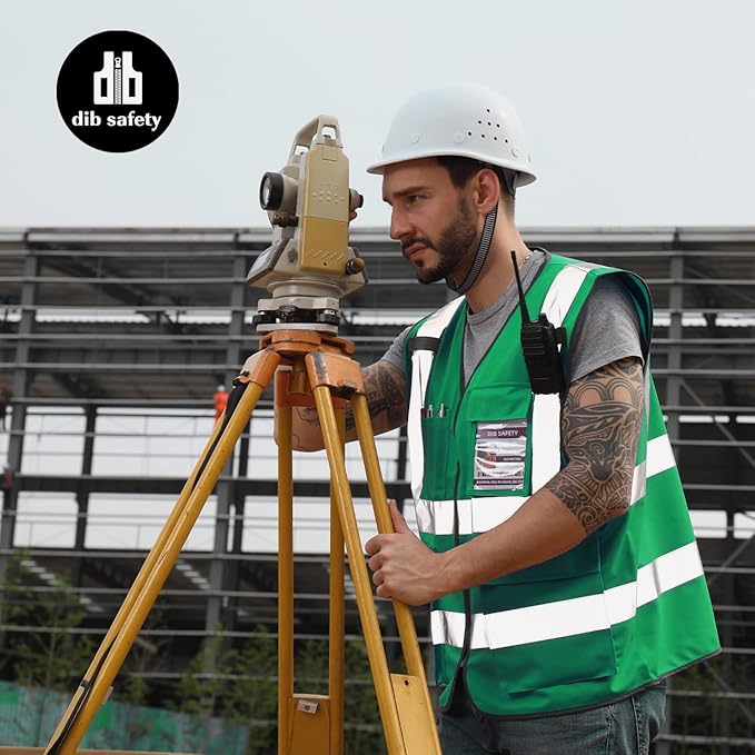 Dib Safety Reflective Vest High Visibility with Pockets and Zipper, Green L