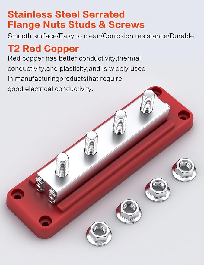 600A Heavy-Duty Bus Bar Nickel Plated Copper Distribution Terminal Block with Cover 4 M10 (3/8 in) Studs & 8 Screws Buss Bar for Solar RV Marine Car Audio 12-48V DC Battery System (Red)