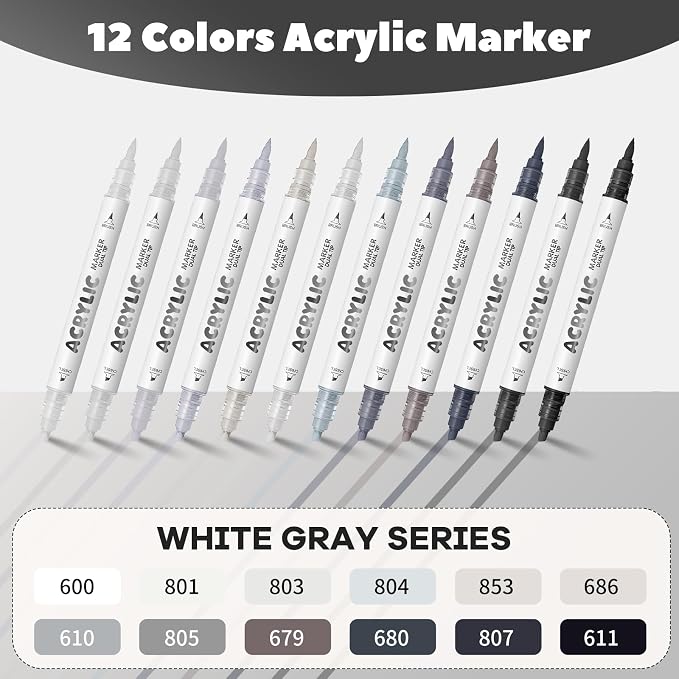 White Gray Acrylic Paint Pens, Water Based 12 Colors Dual Tip Acrylic Paint - Image 2