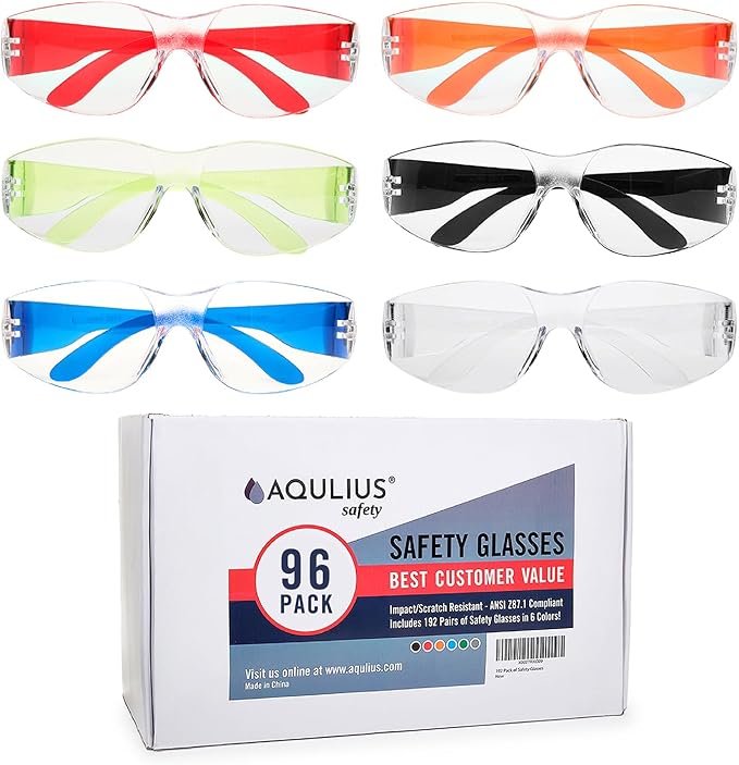 Aqulius Safety Glasses Bulk - 96-Pack, Multi-Color - Anti-Fog Safety Goggles & Protective Eyewear - Over Eyeglasses, Eye Protection for Shooting & Construction