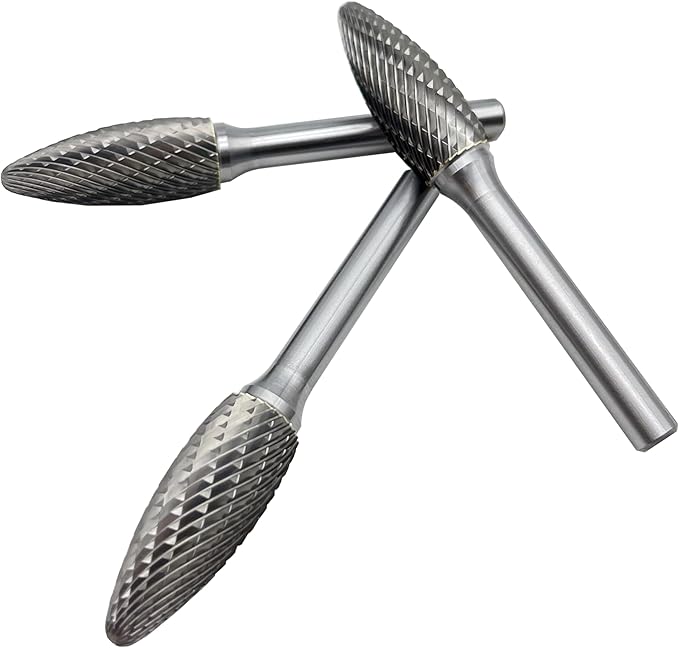 LU&MN SH-5 Tungsten Carbide Burr Rotary File Flame Shape Double Cut (1/2” Cutter Dia X 1-1/4”Cutter Length) with 1/4'' Shank Dia,3PCS