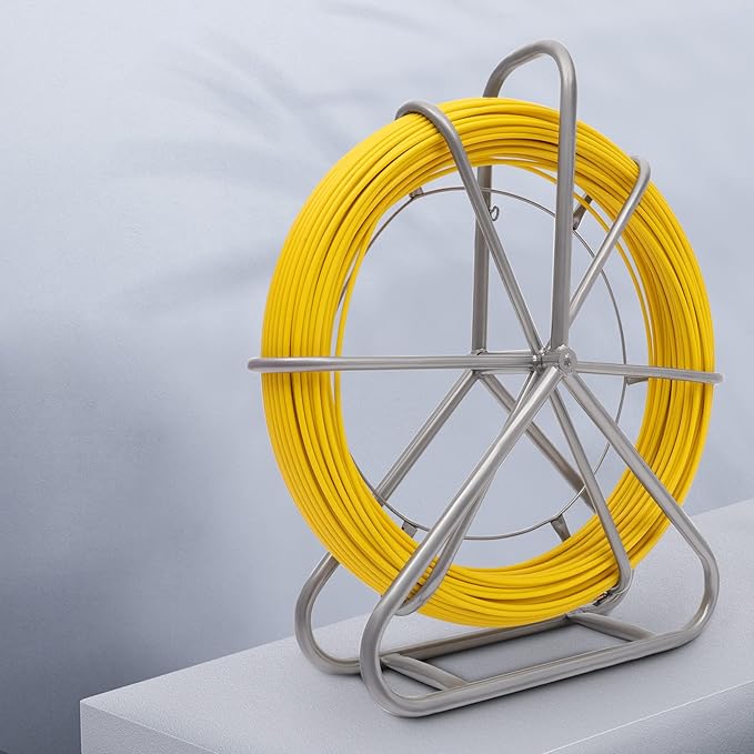 425FT Fish Tape Fiberglass 1/4 inch(6MM) Fishing Wire Puller Duct Rodder Cable Running Electrical Fishtape Tool Rod with Steel Reel Stand through Wall Pipe Length Marking In Meter