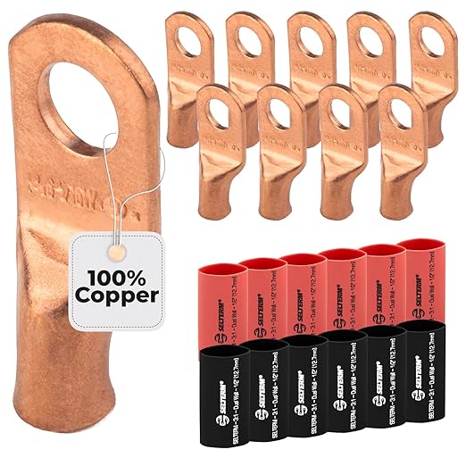 SELTERM 10pcs - 6 Awg 5/16" Stud (Wide) - Battery Lugs - Ring Terminal Connectors with 12pcs 3:1 Black & Red Heat Shrink Tubing with Adhesive, Heavy Duty Battery Cable Ends - Bare Copper Wire Lugs Kit