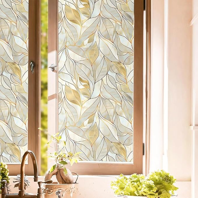 Peal Yellow Gold Leaf Stained Glass Window Films Decorative Double-Side Privacy by Unknown