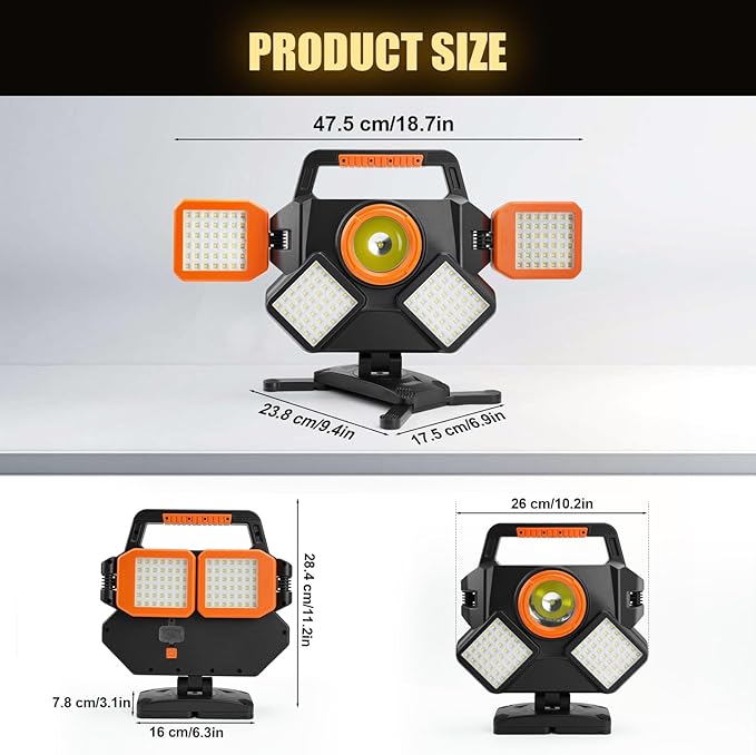 Rechargeable Work Light 5000LM, Foldable&Rotatable Magnetic LED Work Light with 6 Modes, 8000mAh Battery Powered Portable Work Lights for Car Repair, Home Maintenance, Workshop, Camping, Emergency Use