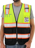 Dib Safety Reflective Mesh Vest High Visibility Two Tone with Pockets and Zipper, Yellow and Black Mesh with Orange Trim M