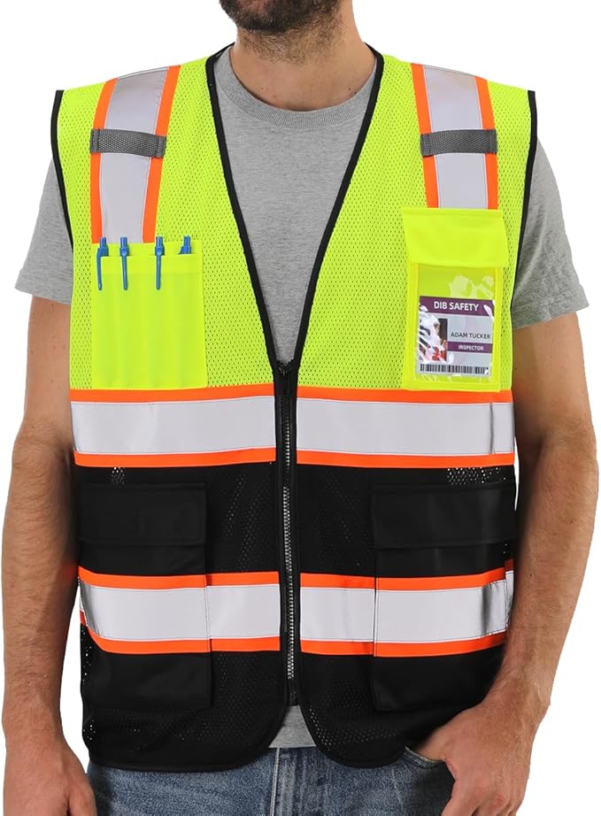 Dib Safety Reflective Mesh Vest High Visibility Two Tone with Pockets and Zipper, Yellow and Black Mesh with Orange Trim 4XL