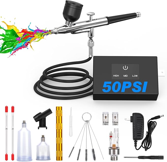 Airbrush Kit with Air Compressor, 50 PSI Clog-Resistant Air Brush Set, Dual by Unknown