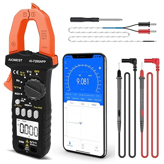 AIOMEST Bluetooth Digital Multimeter, AI-7200APP TRMS 6000 Counts Clamp-on Meter for AC DC Current Voltage Resistance Capacitance Hz Temp Diode Continuity Buzzer with Lamp NCV