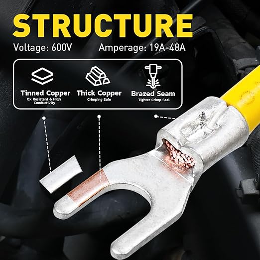 haisstronica Non Insulated Wire Connectors Kit，50pcs #8 Fork Terminals (AWG 12-10) with 50pcs 3:1 Heat Shrink Tubing for Automotive Marine，Brazed Seam Wire Crimp terminals