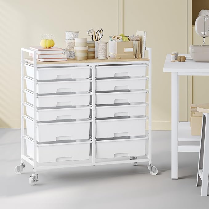 Rolling Storage Cart with 12 Drawers, Wooden Tabletop Utility Cart - Image 2
