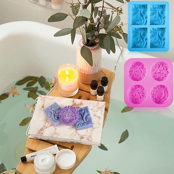 Sakolla 2 Pack Silicone Soap Molds, 4 Cavities Rectangle Wave and Round Flower - Image 5