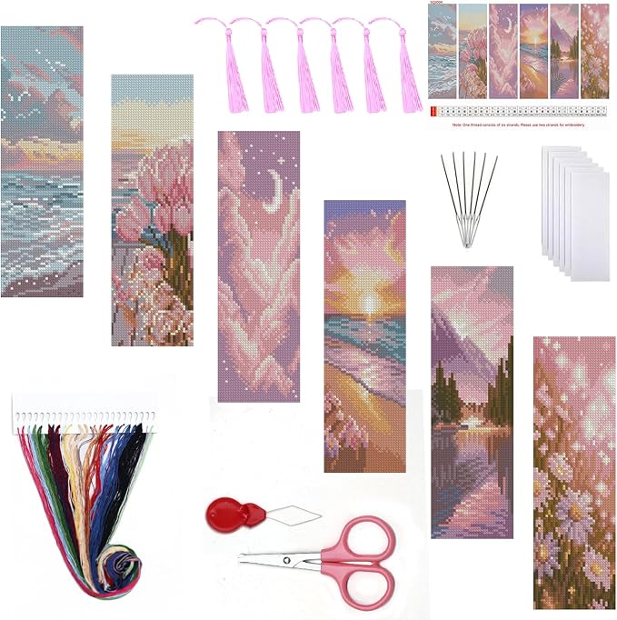 6PC Pink Beach Stamping Cross Stitch Kit by Paintcolordiamondpainting