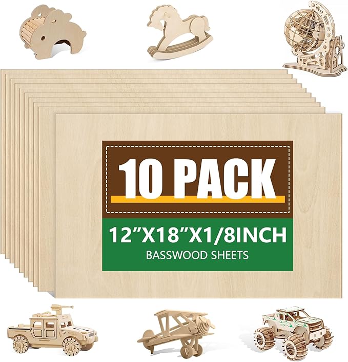 10 Pack Basswood Sheets12x18x1/8 Inch, Unfinished Wood by ESRICH