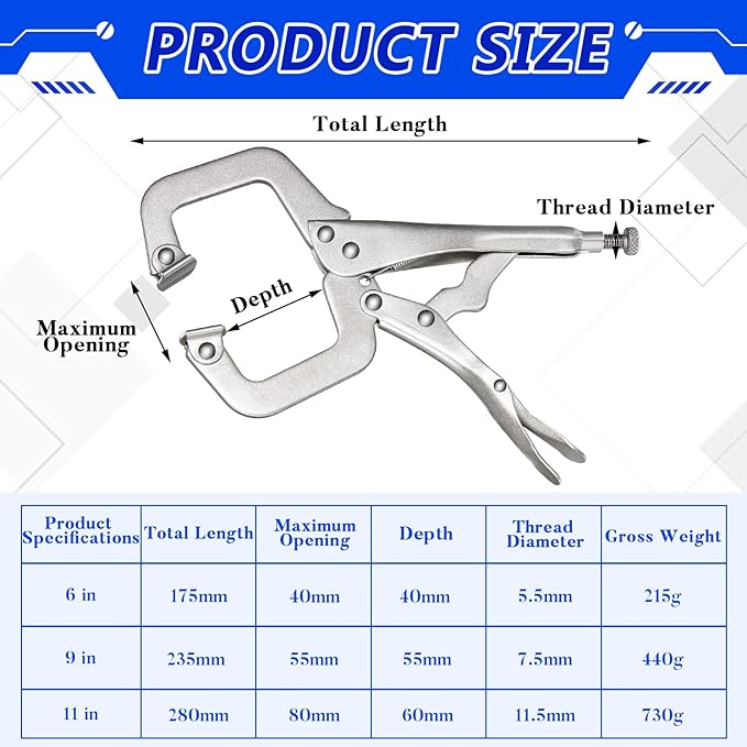 4 Pcs Locking C Clamp Set, Locking Pliers with Fixed and Swivel Pads, 6 Inch, 9 Inch, 11 Inch, Metal Tools Welding Clamps for Home Farm