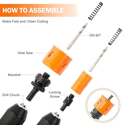 KENDO Bi-Metal Hole Saw Kit in Case, 26-Piece Hole Saw Set with 3/4" to 2-1/2", Arbor, Hex Wrench, High-Strength Carbide Steel, Hole Saw Set for Metal, PVC Board, Wood and Plywood