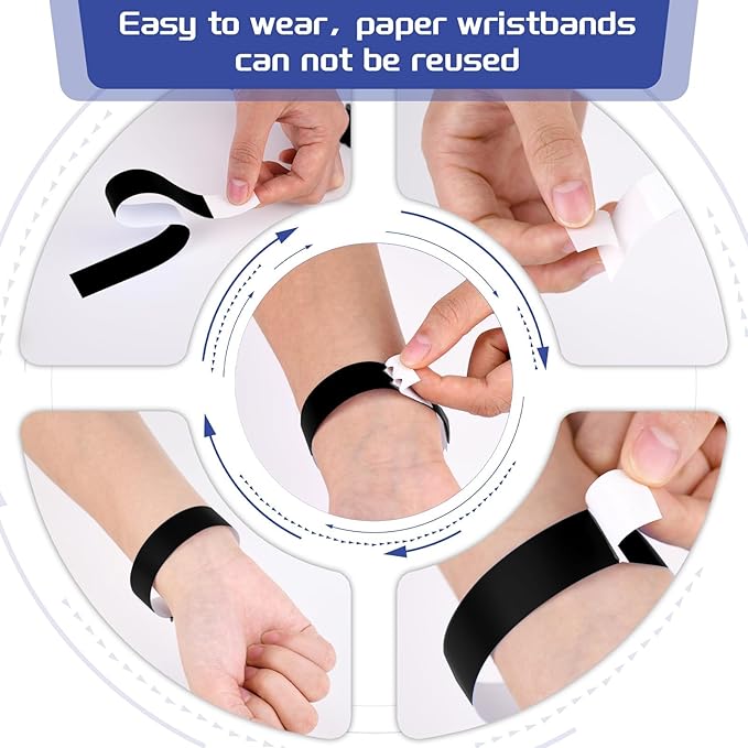 2000 Pcs Paper Wristbands for Events Waterproof Neon Black Wrist Bands Adhesive Concert Identification Wristbands Hand Bands for Events(Black)