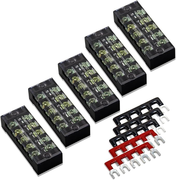 MILAPEAK Terminal Block and Strip - 10pcs (5 Sets) 5 Positions Dual Row 600V 25A Screw Terminal Blocks with Cover + 400V 25A 5 Positions Pre-Insulated Terminals Barrier Strips (Black & Red)