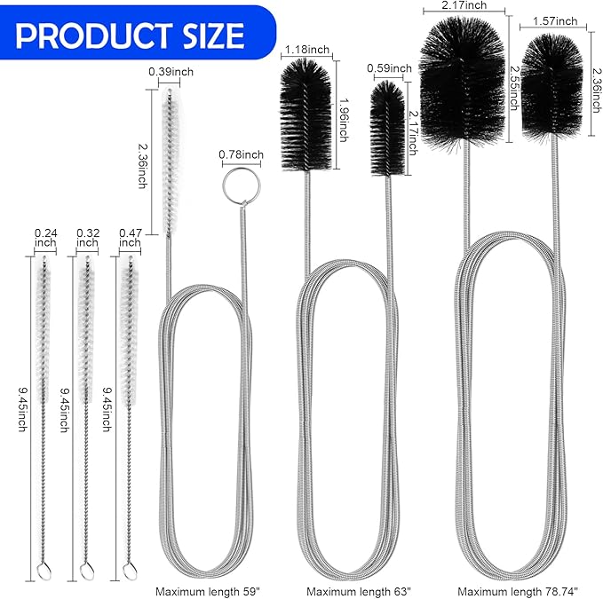 6Pcs Flexible Drain Brush 78 Inch Pipe Cleaning Brush 63 Inch drain cleaner brush 59 Inch Hose Brush and 3 Pcs 9 Inch Straw Cleaner Brush for straws Kitchen Sink Plumbing and Shower Drain Tube (Black)