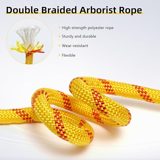Arborist Rope, 1/2 Inch x 50 Feet Double Braided Climbing Rope Polyester for Outdoor, Climbing, Hiking, Swing, Tree Work, Halyard, Sailing（Yellow）