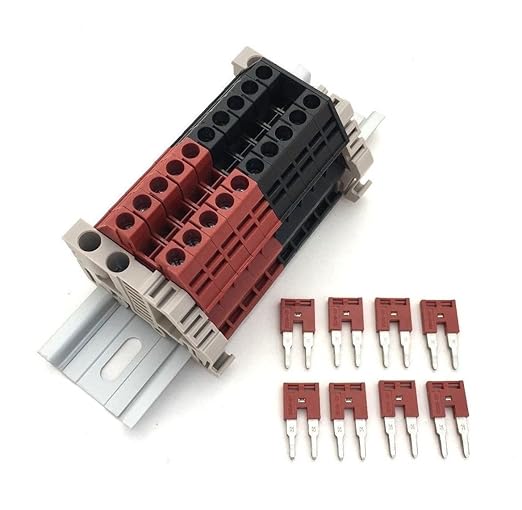 Dinkle Assembly Kit DK4N Red/Black 10 Gang with Jumpers DIN Rail Terminal Blocks, 10-22 AWG, 30 Amp, 600 Volt