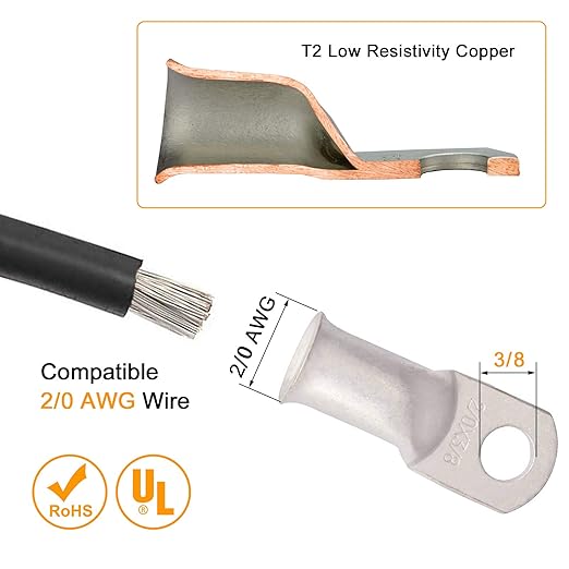 SVAAR 10pcs 2/0 AWG - 3/8'' Tinned Copper Cable Lugs Wire Lugs UL Listed 00 Gauge Ring Terminals Battery Cable Ends Heavy Duty Closed End Crimp Connectors with 10pcs 3:1 Heat Shrink Tubings