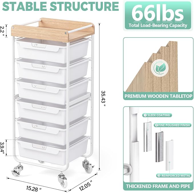 6 Drawer Rolling Cart for Craft Storage, Utility Drawer Organizer - Image 3