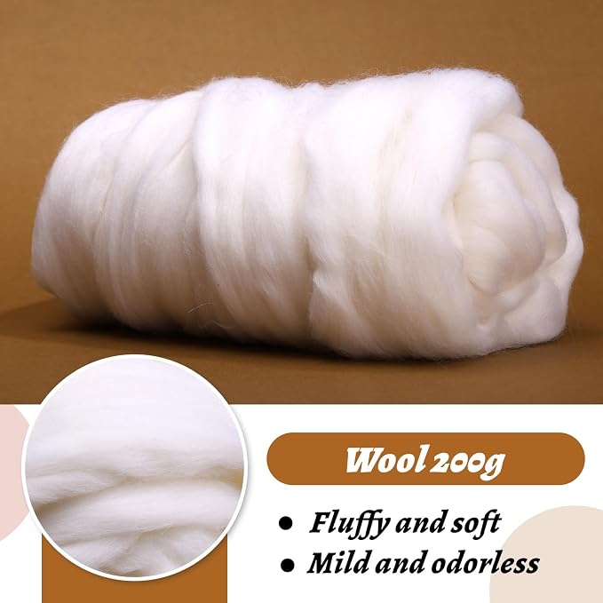 7.02oz Wool Roving, Needle Felting Wool White Roving Wool Felting Supplies - Image 3