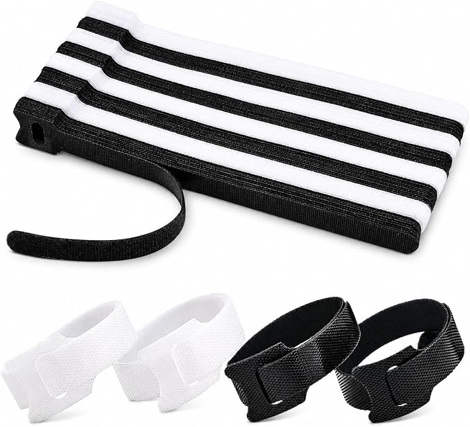 80pcs 8 Inch Cable Ties Reusable Black and White Hook and Loop Cord Ties by NAYZWOK