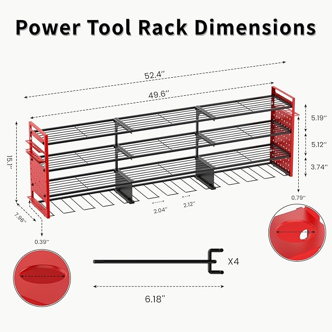 Power Tool Organizer Wall Mount with 12 Drills Holder, 49" Heavy Duty 4-Tier Power Tool Storage Rack, DIY Pegboard Side Panels,4 Long Hooks, Garage Metal Tool Shelf for Battery,Drills