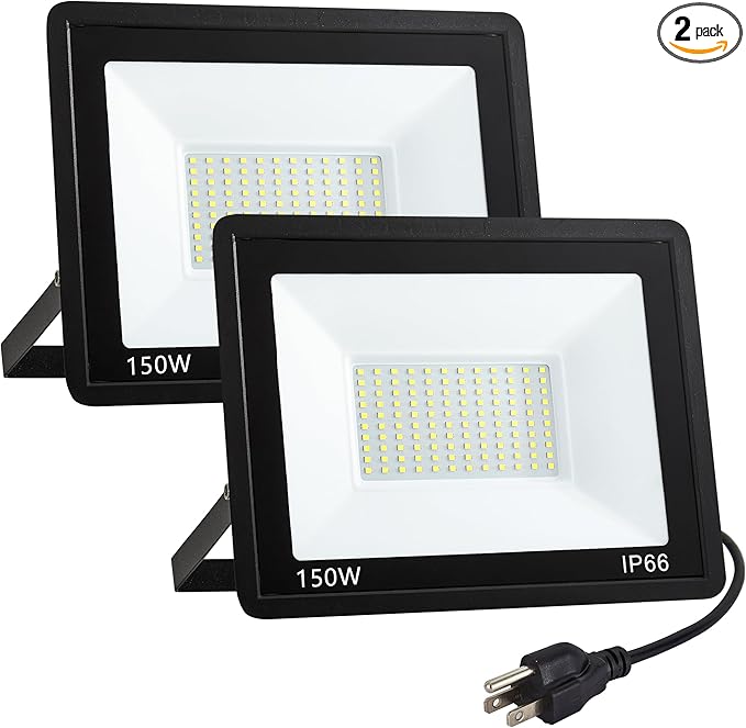 ADYENA 150W LED Flood Lights Outdoor Plug in, 15000 LM Super Bright Security Lights, IP66 Waterproof LED Work Light, 6000K Daylight White Floodlights for Garage Yard Garden Playground(2 Pack)