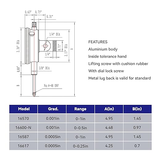 HFS(R) 0-1/4" Dial Indicator Lathe Tool High Precision, 0.25" Range, 0.0005" Graduation Interval