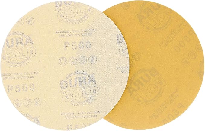 Dura-Gold Premium 500 Grit 6" Gold Sandpaper Discs, No Hole Pattern Dustless, Box of 50, Hook & Loop Backing for DA Sander, Finishing Coarse Sanding Abrasive Automotive Paint, Woodworking Wood, Metal