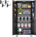 Upgraded Metal Storage Cabinet with Wheels, Lockable 72" Tall Cabinet for Garage Utility Rooms, Pegboard & 4 Hooks, Adjustable Shelves (Black)
