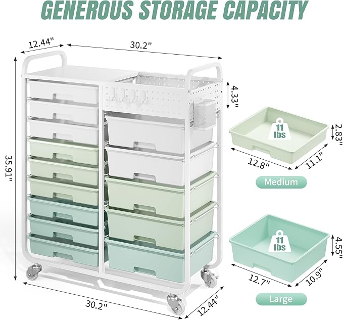 Rolling Storage Cart with 14 Drawers, Storage Organizer Cart with Tabletop and - Image 3