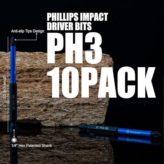 10 Pack Phillips Impact Driver Bits, #3 Phillips Head Magnetic Screwdriver Bits Set, 3.5Inch S2 Alloy Steel Impact Bits, 1/4" Hex Shank Screwdriver Drill Bit, CNC Machined ph3 Impact Drill Bits