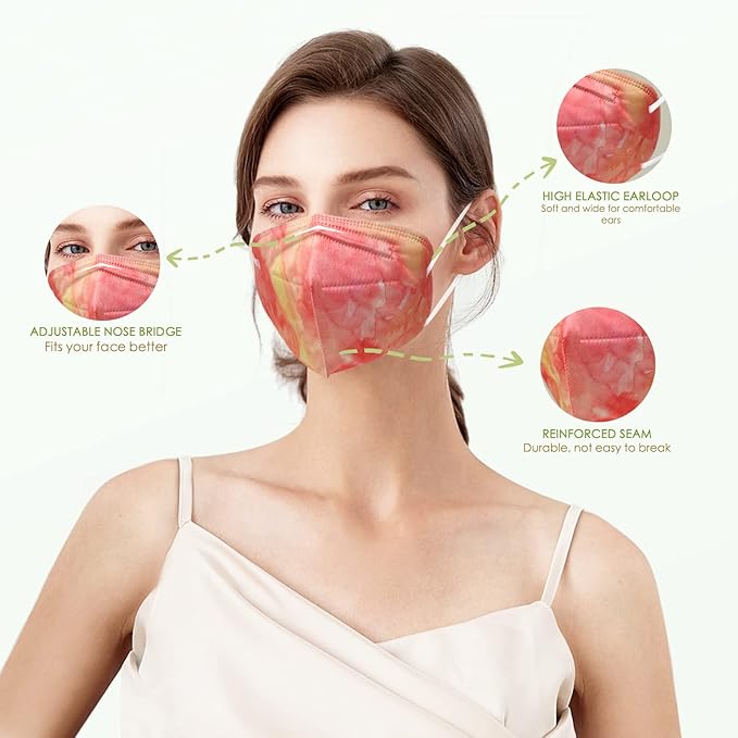 KN95 Face Masks 50 Pack Tie Dye Breathable Safety Respirator 5-Ply Multicolor Cup Dust Disposable KN95 Mask For Adult