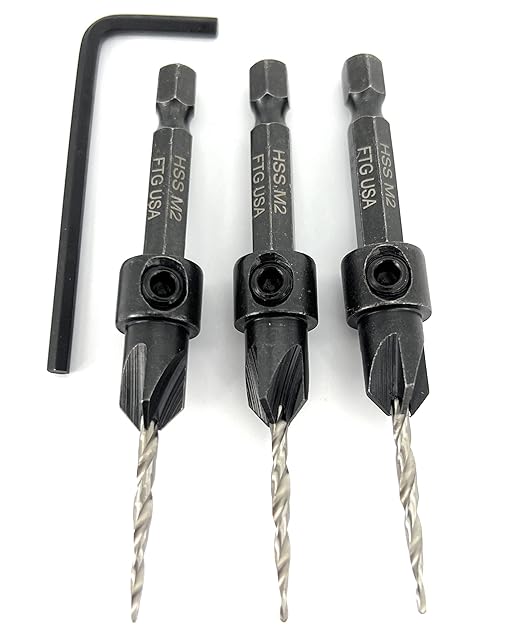 FTG USA Adjustable Wood Countersink Drill Bit Set 3 Pc #4 (7/64"") with Tapered Drill Bits for Woodworking