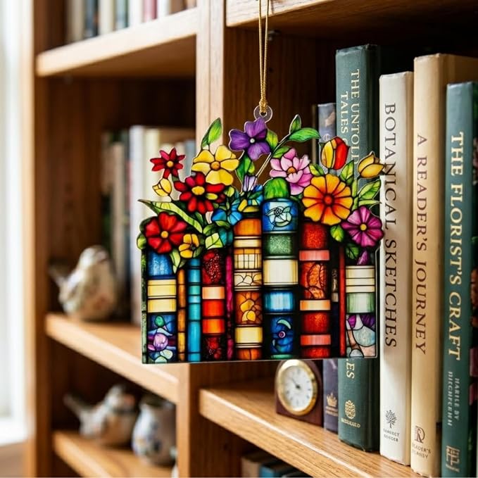 Book Lover Gifts for Women Acrylic Faux Stained Glass Window Hanging, Floral - Image 6