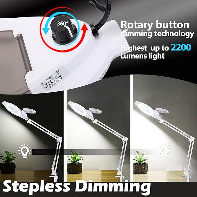10X LED Magnifying Lamp with Clamp, KIRKAS 2,200 Lumens Dimmable Super Bright Daylight Magnifying Glass with Light and Stand, Adjustable Swivel Arm Magnifier lamp for Reading Repair Crafts-White