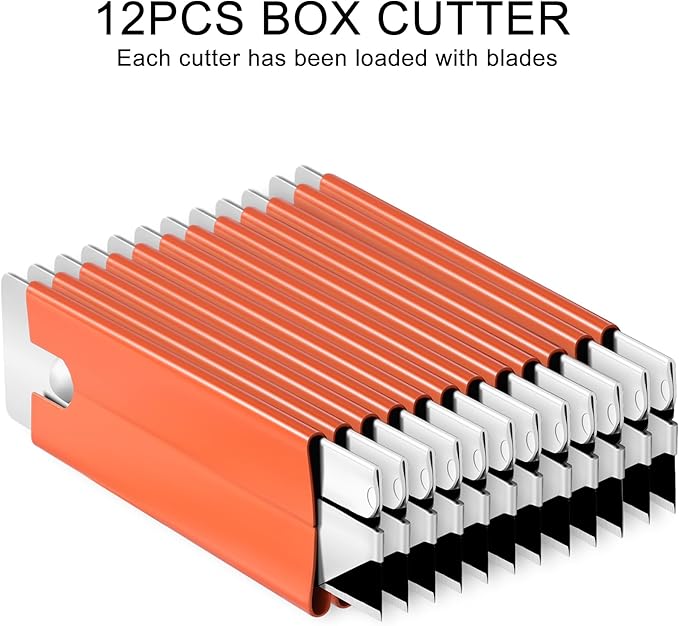 REXBETI 12 Pack Box Cutter, Retractable Cardboard Cutter, Razor Blade Scraper, Handy Box Opener, More Sharp Single Edge Razor Blade Box Cutter Set for Packages Papers and Boxes, Antirust Utility Knife