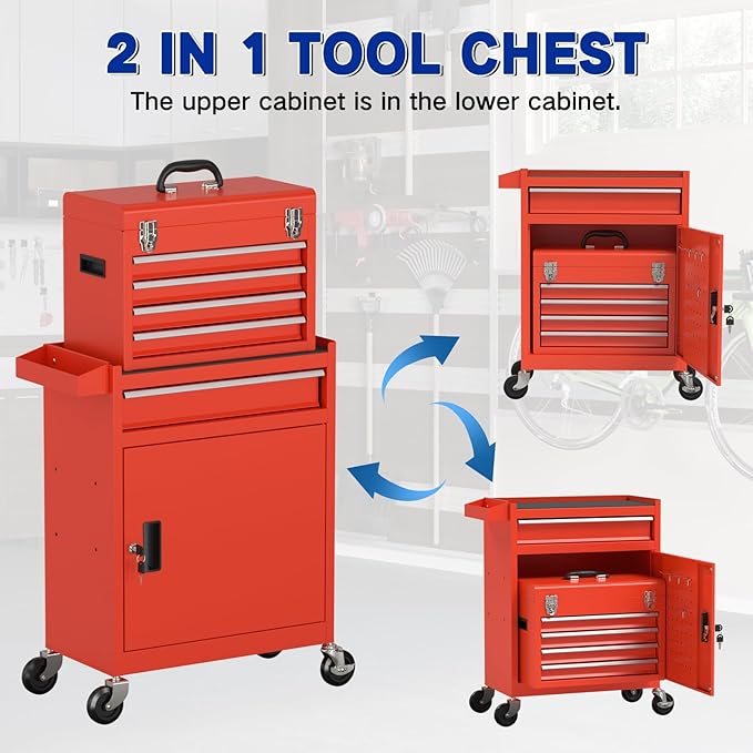5 Drawer Tools Chest, Tool Cabinet with Universal Lockable Wheels，Tool Box with Detachable Top Box for Workshop(Red)