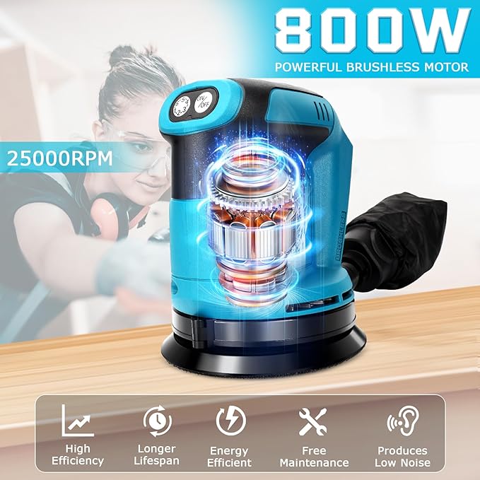 Random Orbit Sander for Makita 18v Battery(Tool Only),Brushless Motor 6 Variable Speed Orbital Hand Sander with Dust Collector for Woodworking Sanding and Polishing