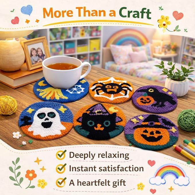 Halloween Punch Needl Kit for Adults Beginners, Easy Embroidery Punch Coaster - Image 2