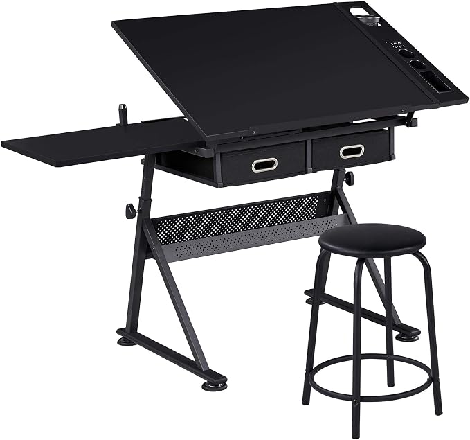 Yaheetech Adjustable Drafting Table Art Desk, Storage Drawers & Stool by Unknown