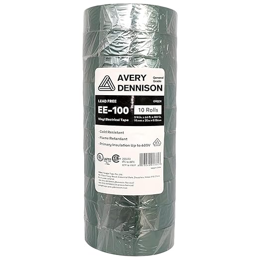 Avery Dennison Electrical Tape, 10 Rolls General Use PVC Electric Tape, UL/CSA Listed ¾ in x 66 ft Insulating Vinyl Tape for Electrical, Repairs, Automotive and Equipment, EE-100, Green